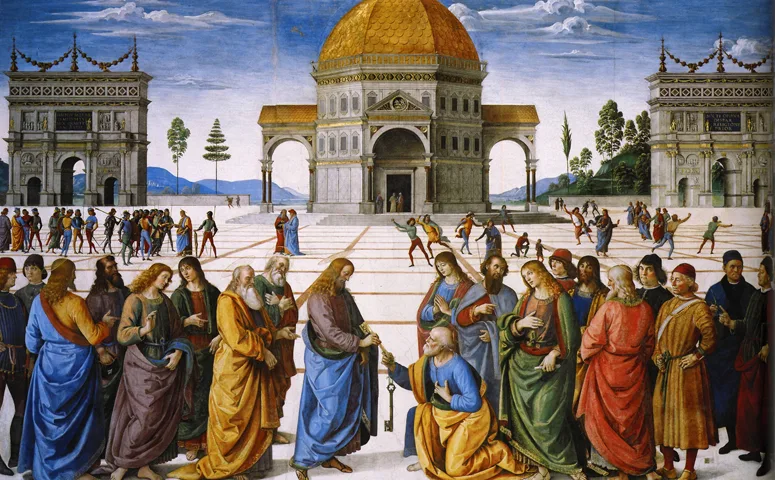 Pietro Perugino's fresco depicts Christ handing the keys to Saint Peter before the gathered apostles