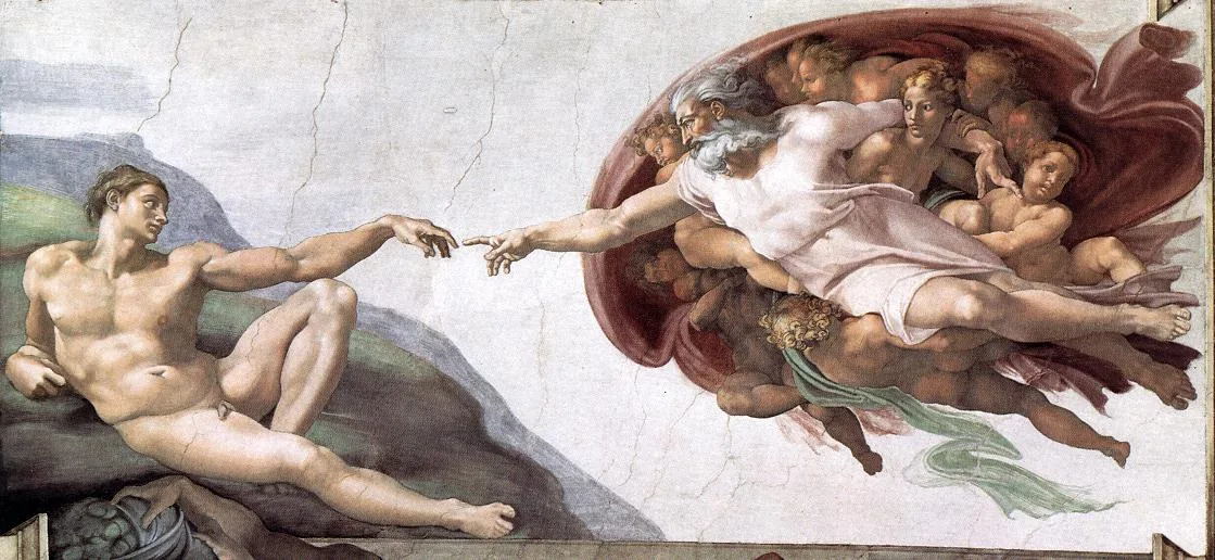 Detail of Michelangelo's Creation of Adam, showing the hands of God and Adam reaching toward one another