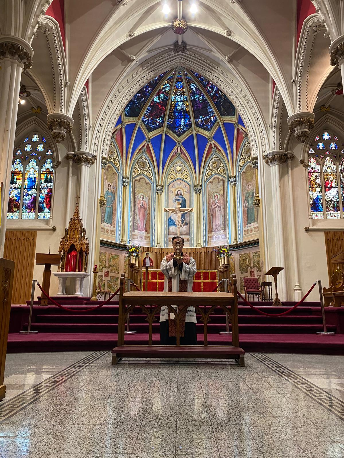 A reliquary of Saint Carlo Acutis displayed at Saint Mary’s Cathedral Basilica