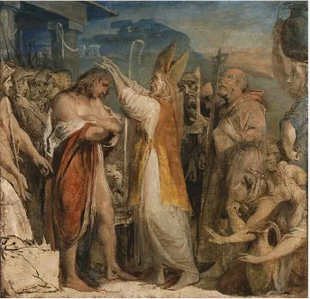 Historical artwork of Saint Patrick baptizing the king of Cashel